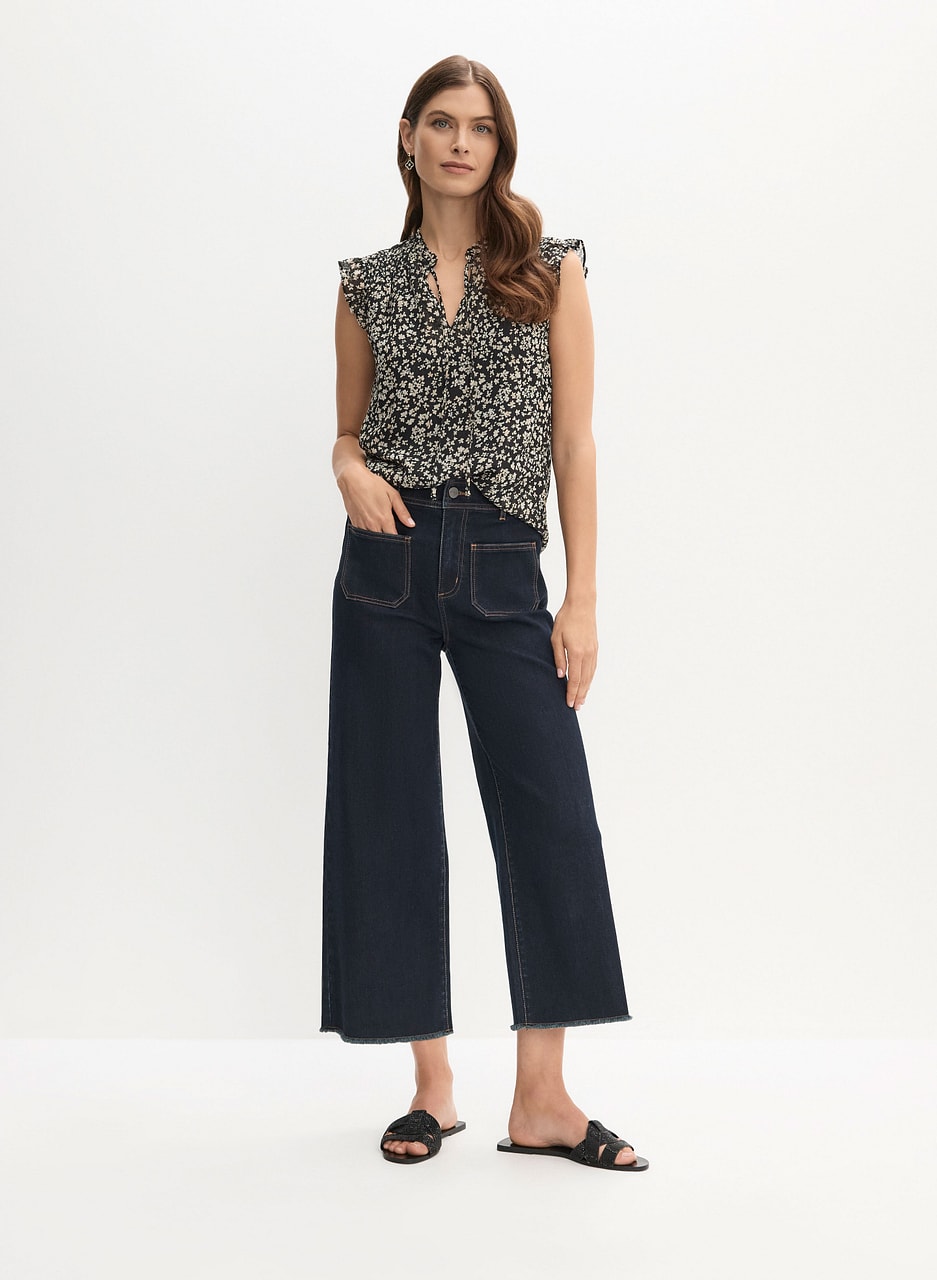 Floral Print Chiffon Blouse & Wide Leg Culotte Jeans