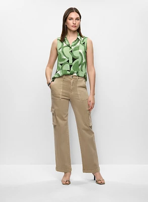 Sleeveless Geometric Print Blouse & Wide Leg Cargo Jeans