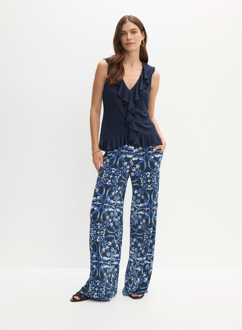 Ruffle Detail Linen Top & Abstract Print Pants