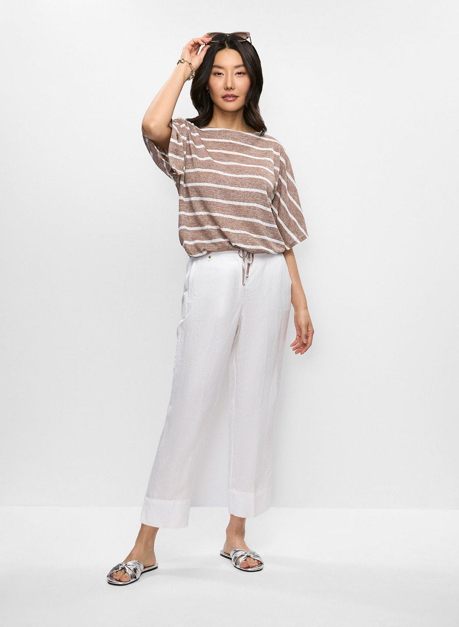 Striped Drawstring-Hem Top & Linen-Blend Capri Pants