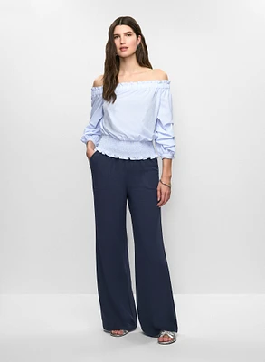 Off-the-Shoulder Striped Blouse & Shirred Waist Wide-Leg Pants