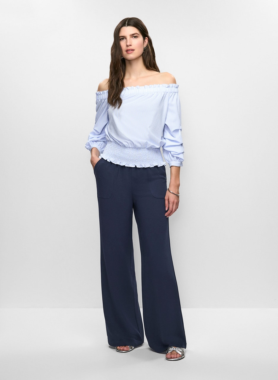 Off-the-Shoulder Striped Blouse & Shirred Waist Wide-Leg Pants