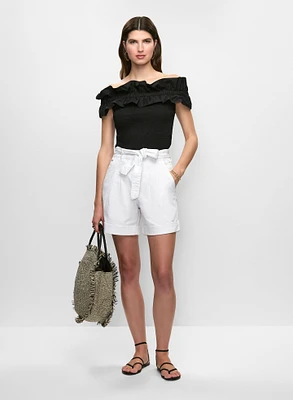 Frilled Off-the-Shoulder Top & Pleated Tie-Waist Denim Shorts