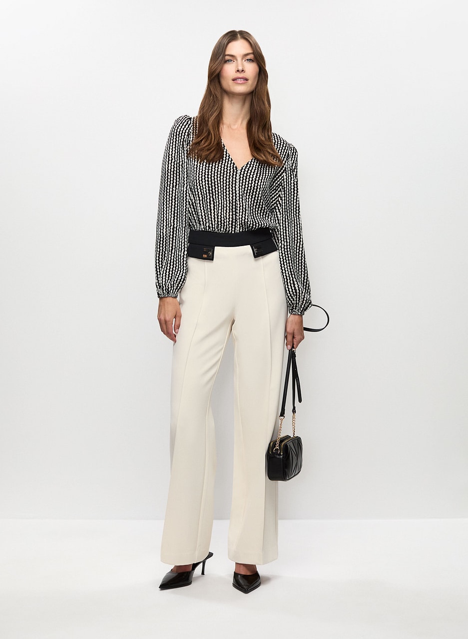 Wavy Pattern Blouse & Colour Block Flare Leg Pants