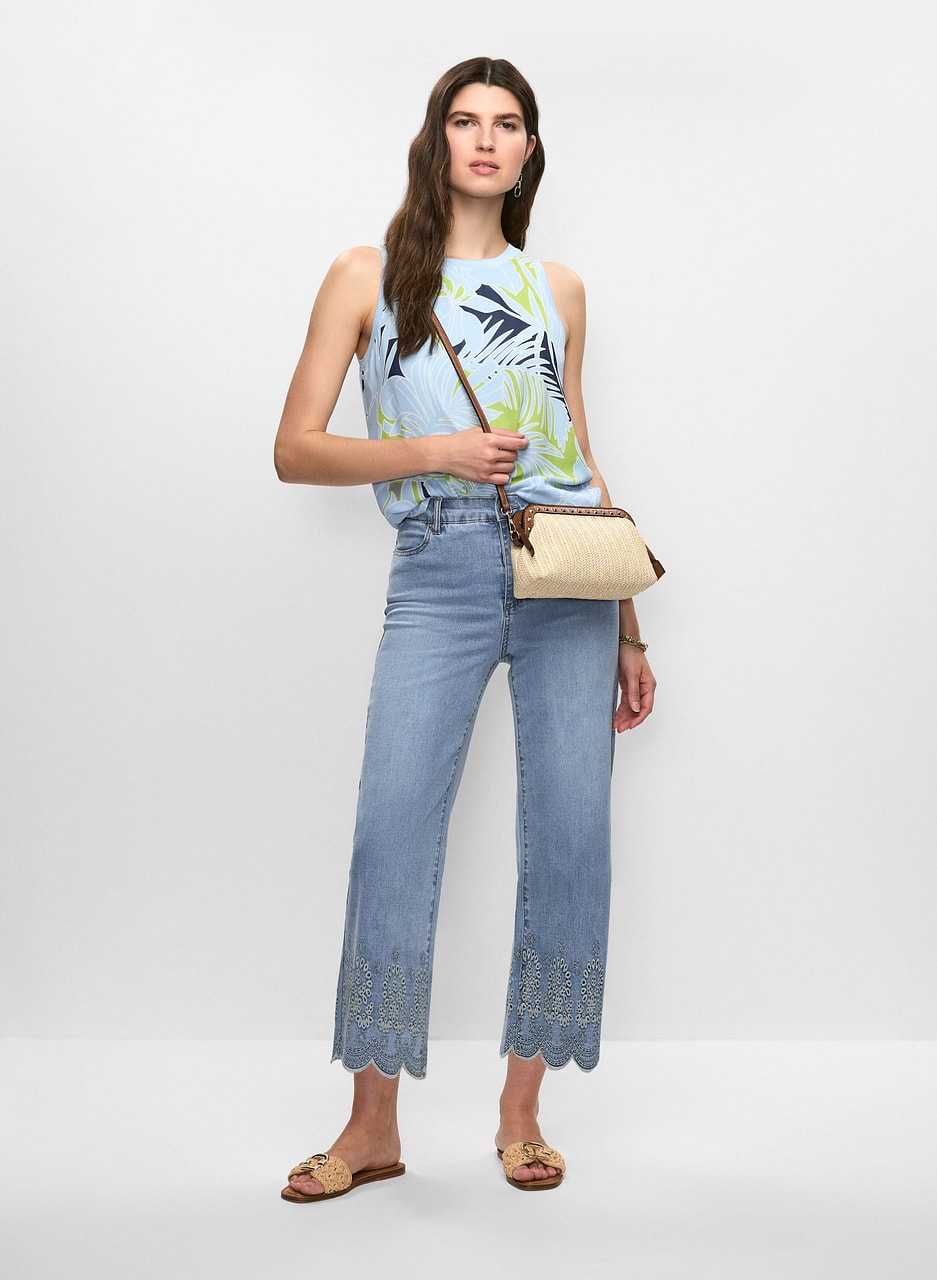 Sleeveless Palm Print Blouse & Embroidered Hem Jeans