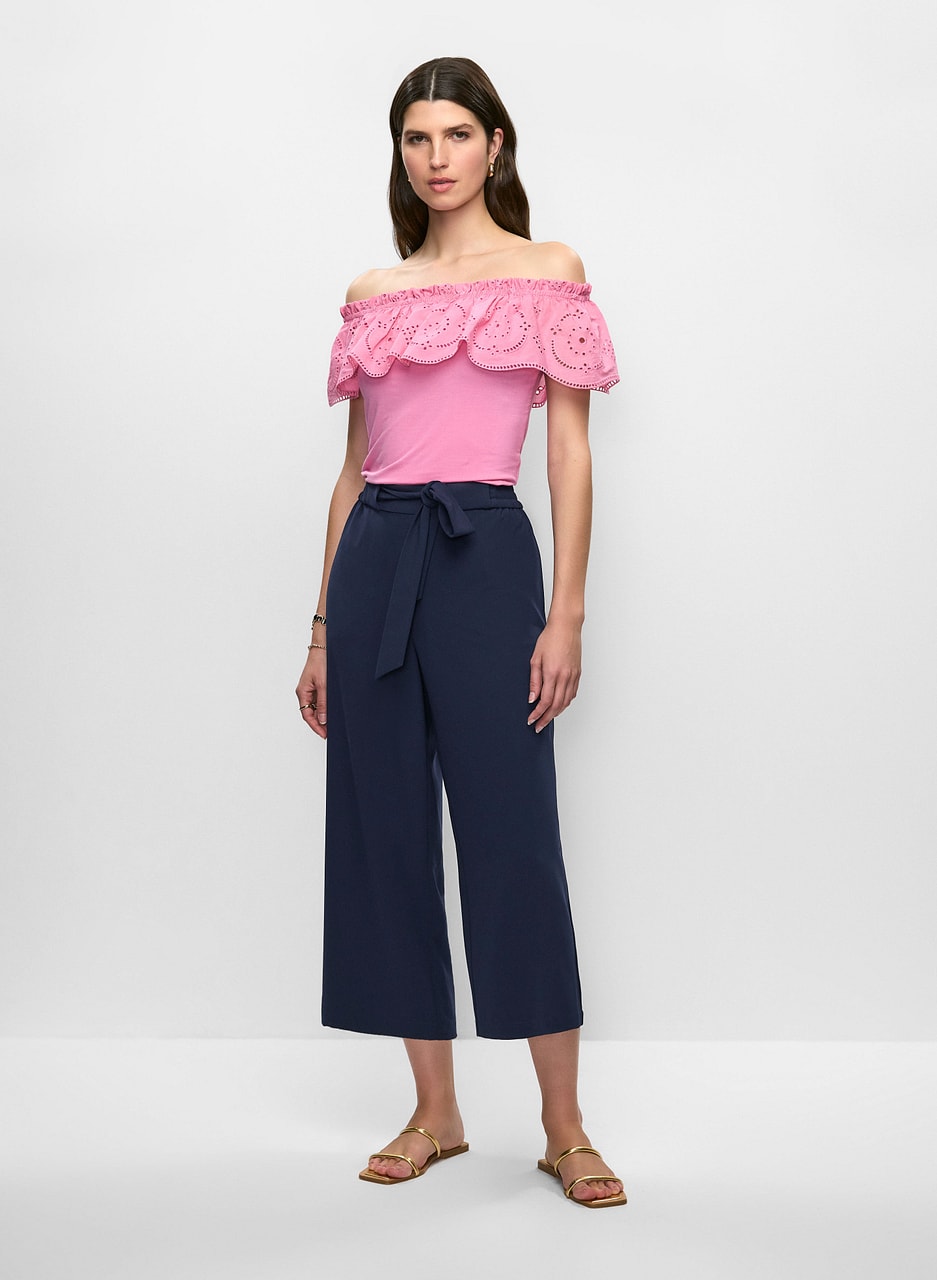 Off-the-Shoulder Eyelet Top & Belted Pull-On Pants