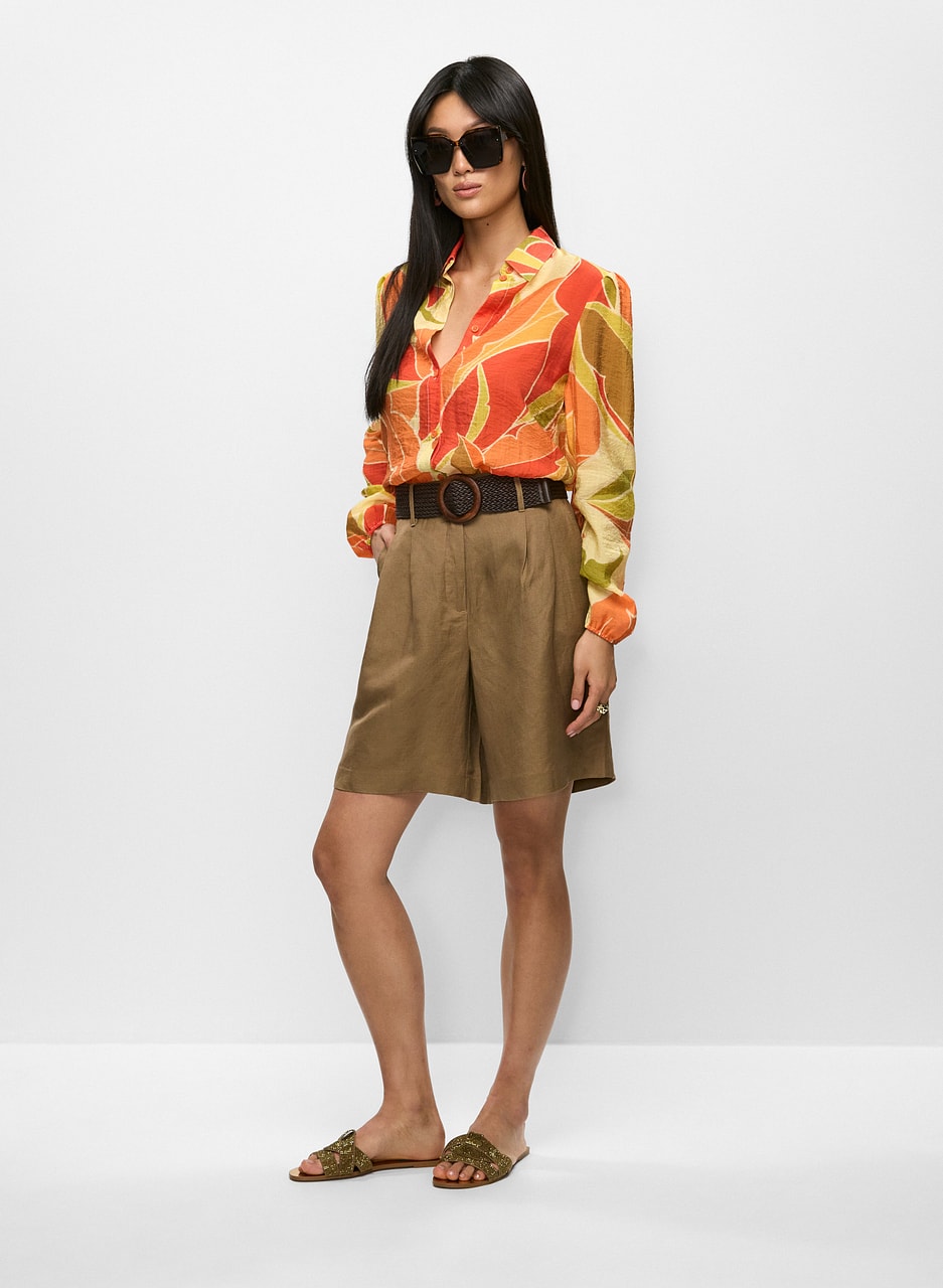 Tropical Smocked-Waist Blouse & Braided Belt Linen-Blend Shorts