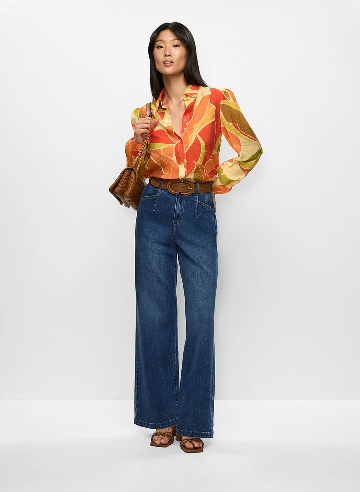 Tropical Smocked-Waist Blouse & Dart Waist Wide-Leg Jeans