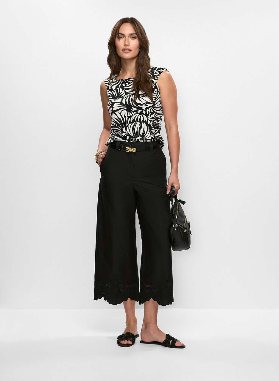 Graphic Floral Top & Embroidered Cropped Pants