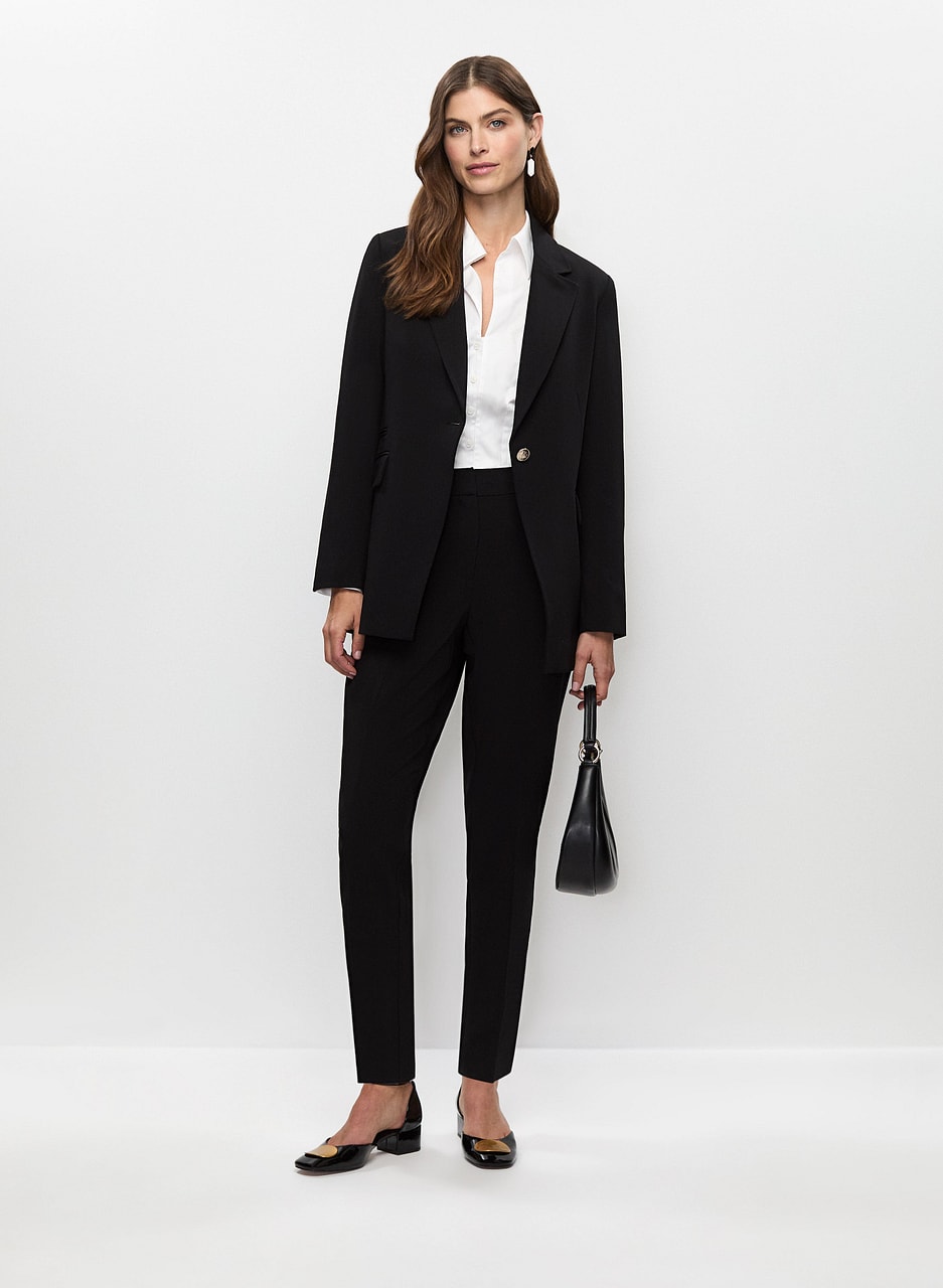 Single-Button Blazer, Corset Blouse & Slim Leg Pants