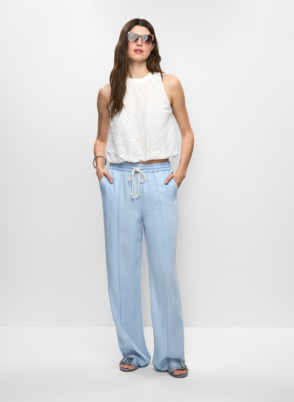 Sleeveless Eyelet Blouse & Pull-On Wide Leg Pants