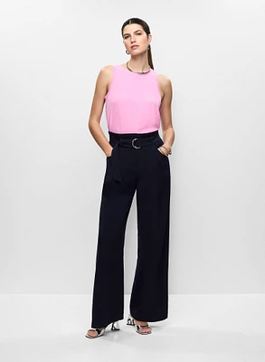 Crew Neck Blouse & Belted Wide Leg Pants