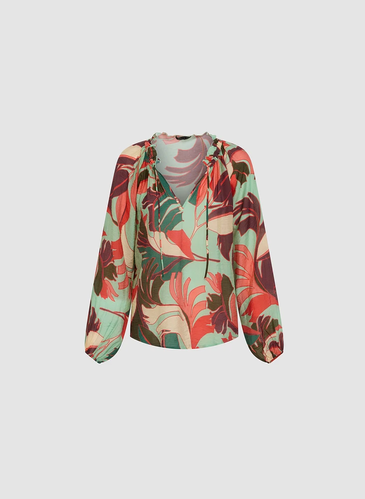 Puff Sleeve Geometric Print Blouse