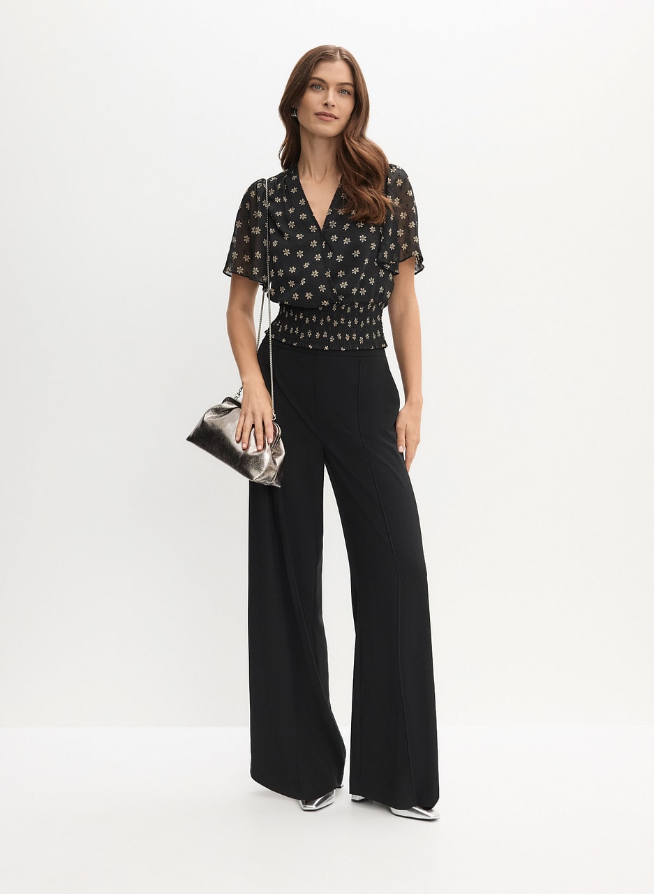 Wrap-Style Blouse & Wide Leg Pintuck Pants