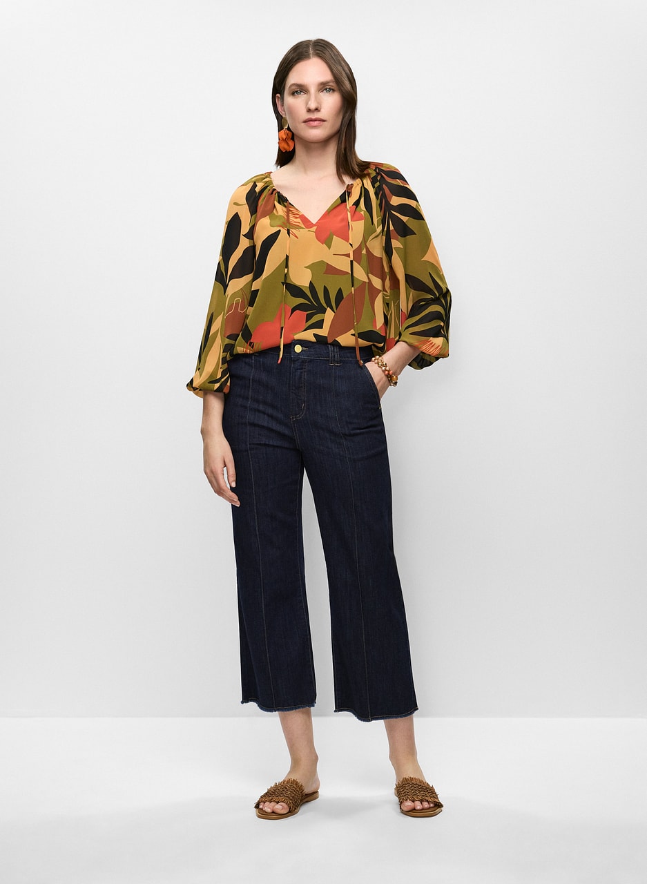 Tropical Print Tie Neck Blouse & Frayed Hem Flare Leg Jeans