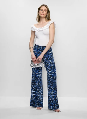 Ruffle Off-The-Shoulder Top & Abstract Print Wide Leg Pants