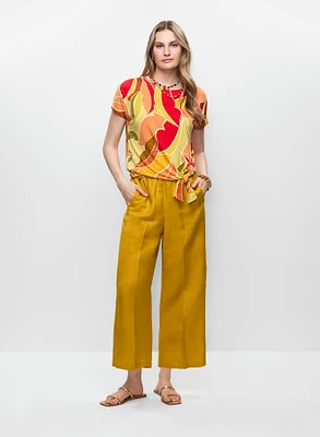 Leaf Print T-Shirt & Linen-Blend Culotte Pants