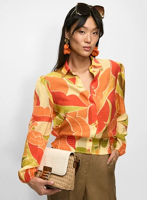Tropical Smocked-Waist Blouse