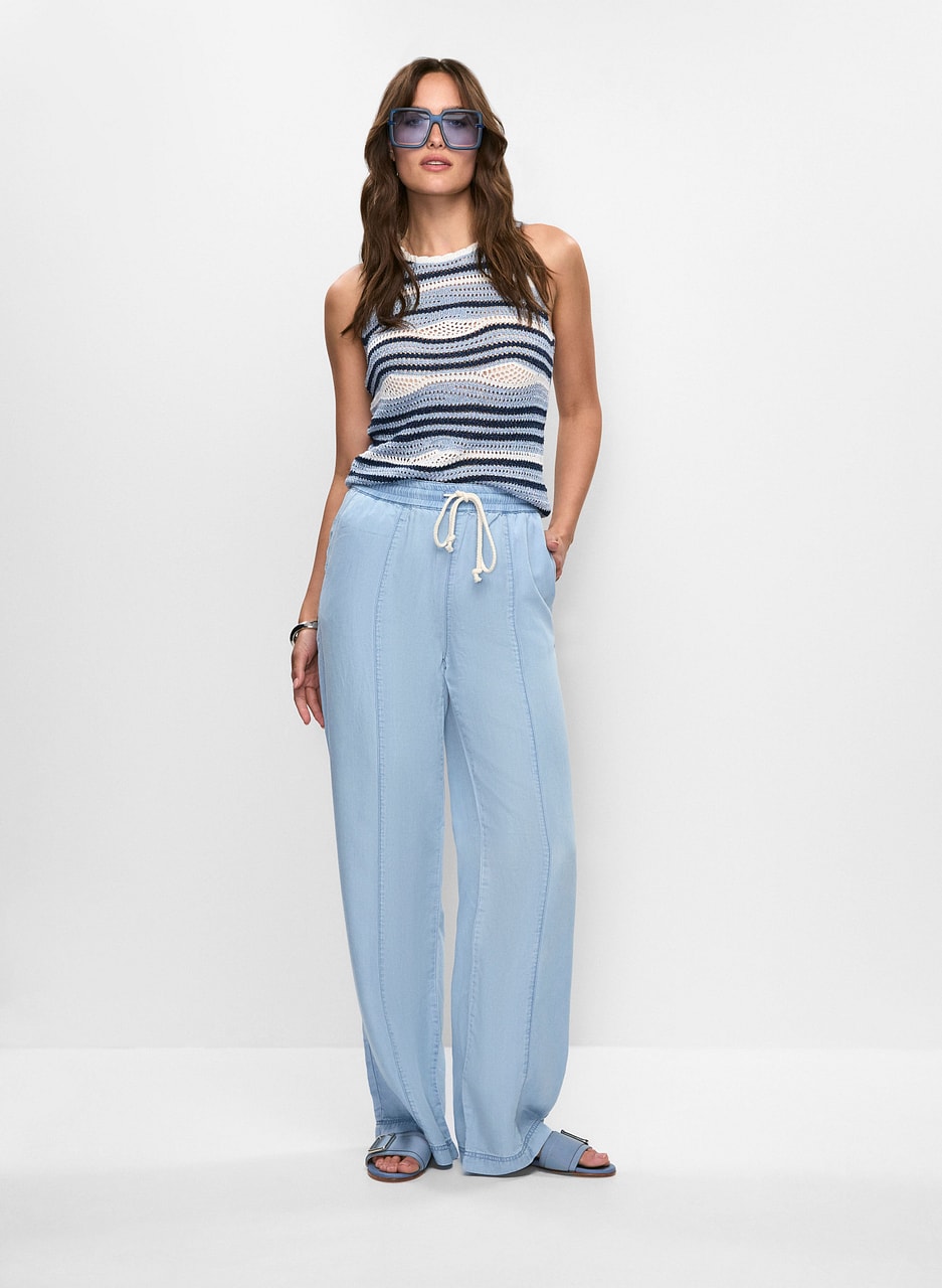 Striped Sleeveless Open-Knit Top & Wide Leg Pants