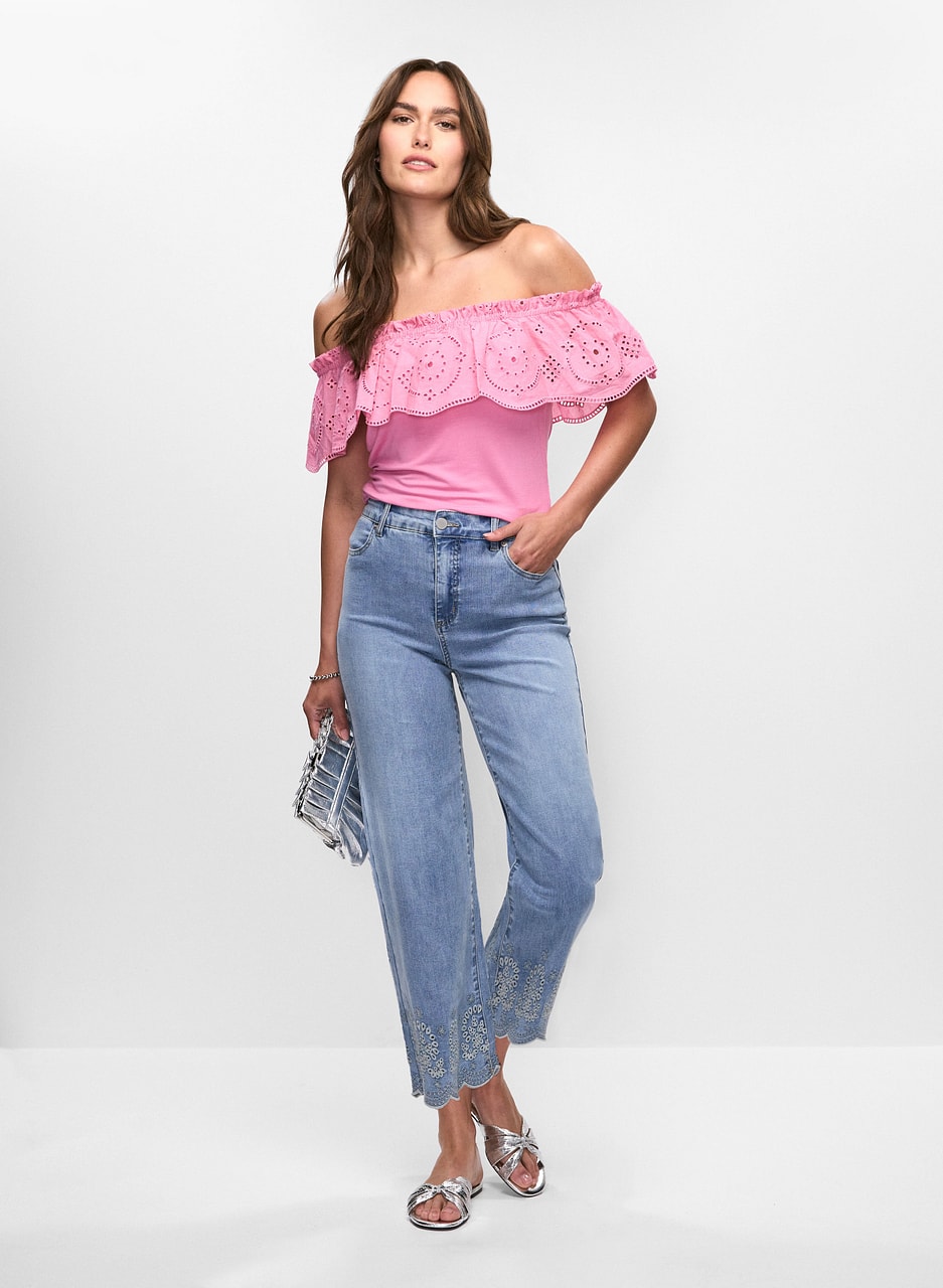 Embroidered Hem Culotte Jeans