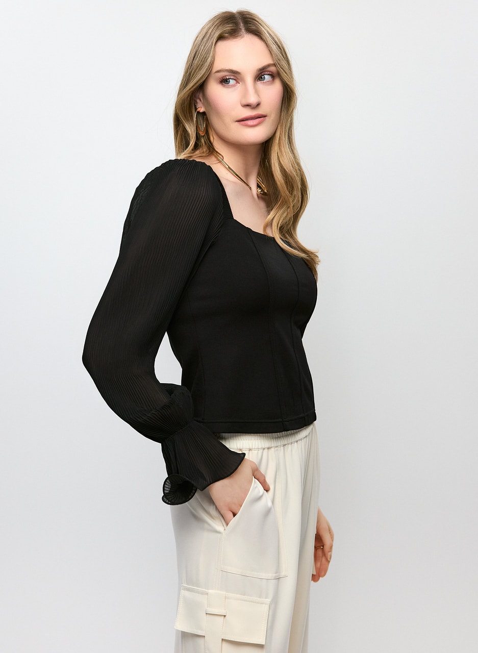 Square Neck Pleated Sleeve Top