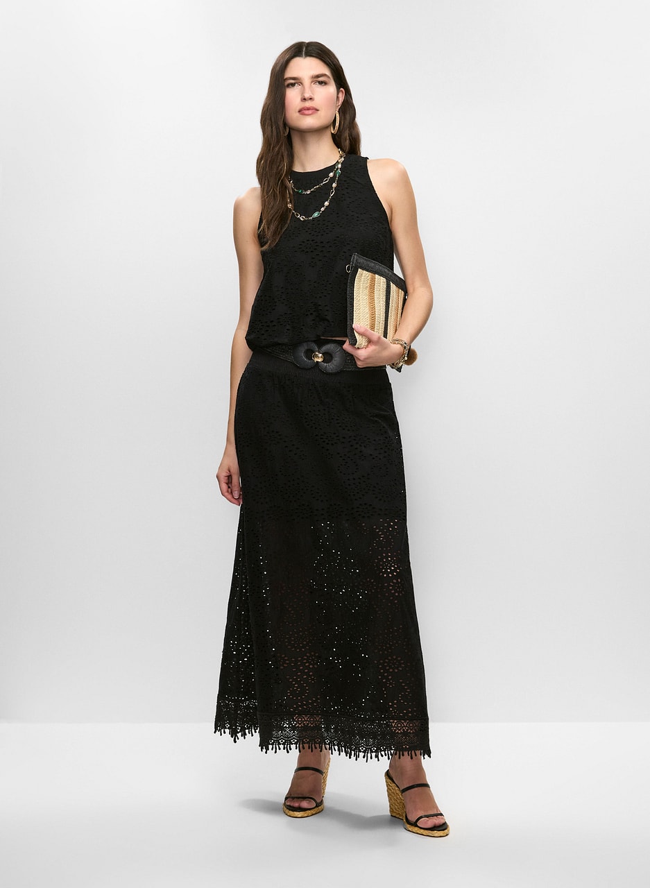 Sleeveless Eyelet Blouse & Tiered Eyelet Maxi Skirt