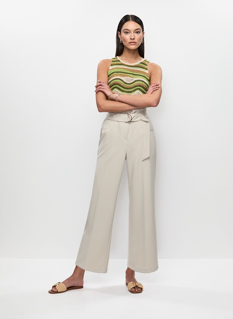 Striped Open-Knit Top & High-Rise Belted Pants
