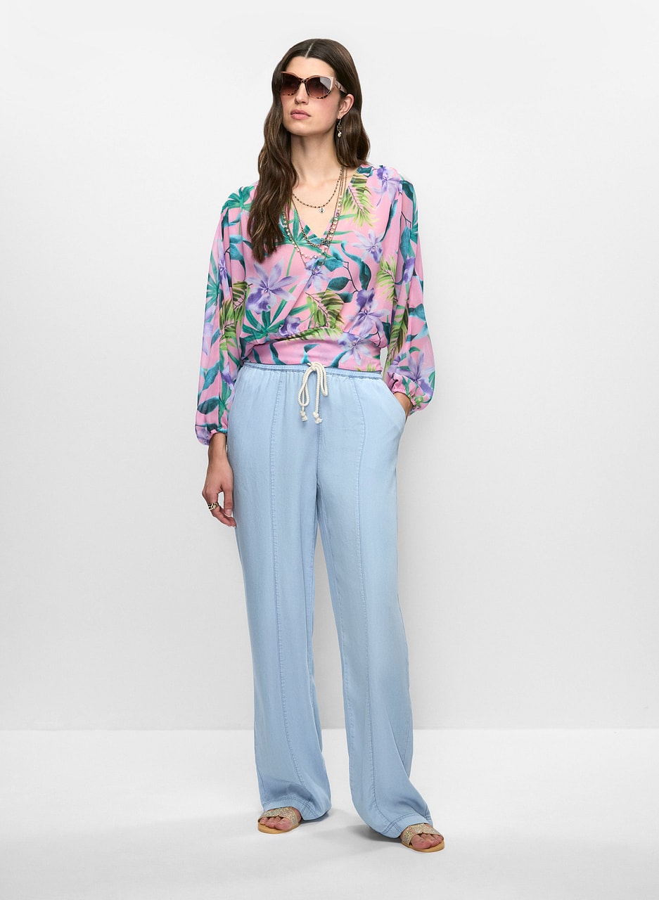 Floral Chiffon V-Neck Blouse & Pull-On Wide Leg Pants