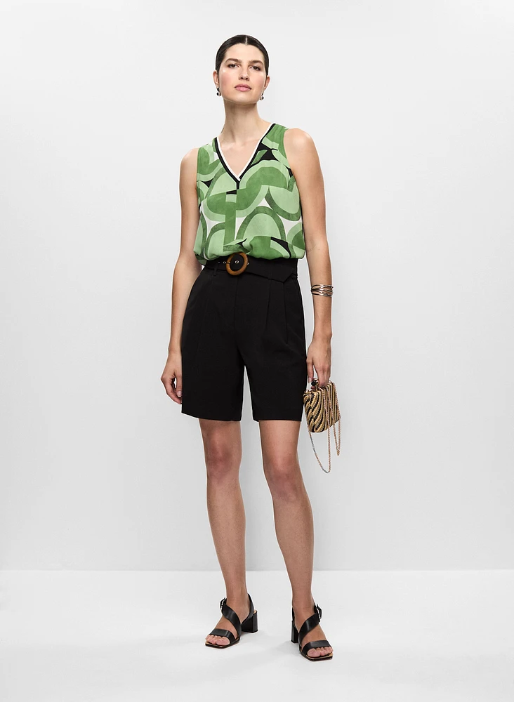 Geometric Pattern Blouse & Pleated Belted Shorts