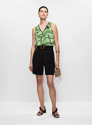 Geometric Pattern Blouse & Pleated Belted Shorts