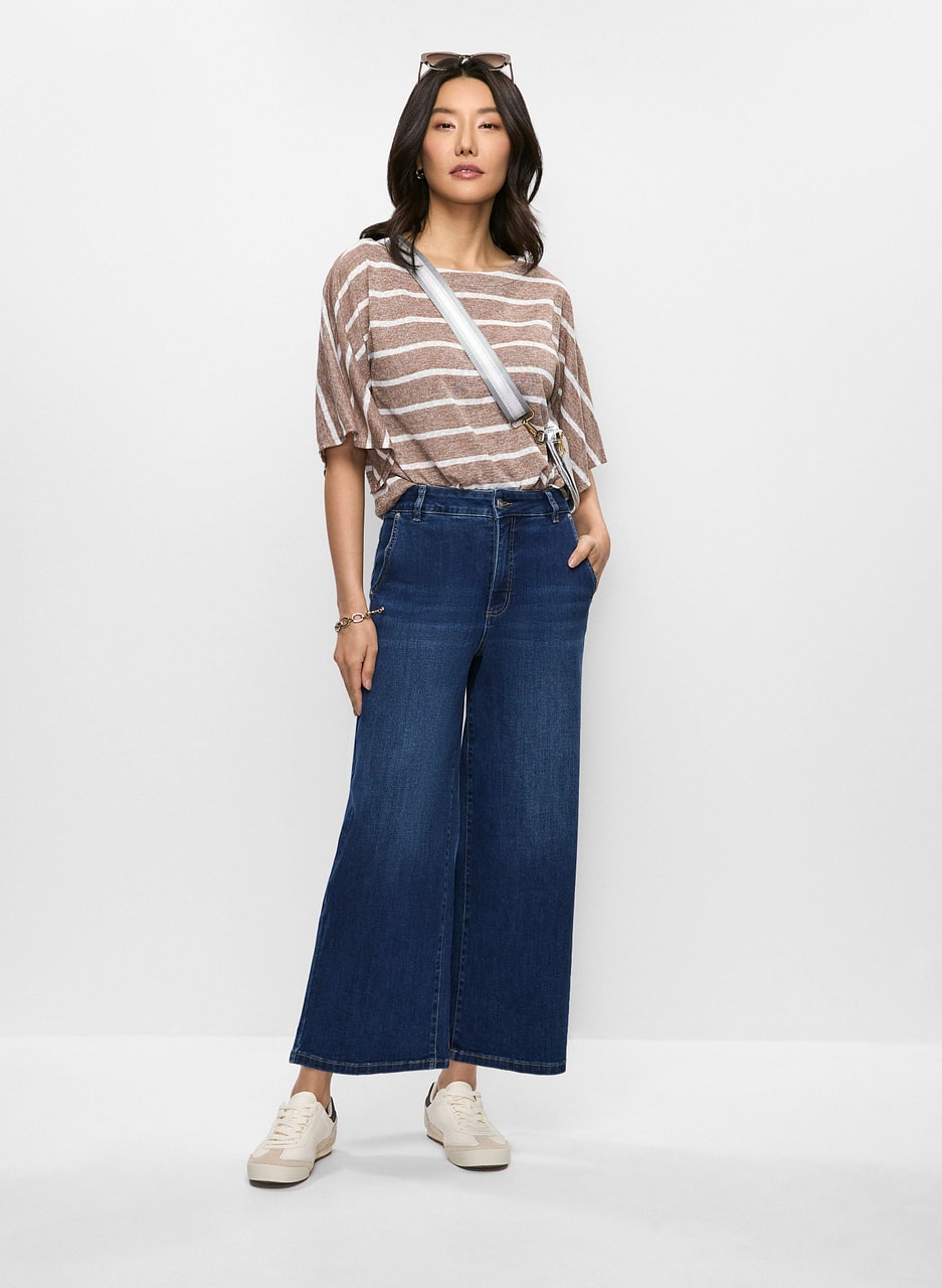 Striped Drawstring-Hem Top & High Waist Culotte Jeans