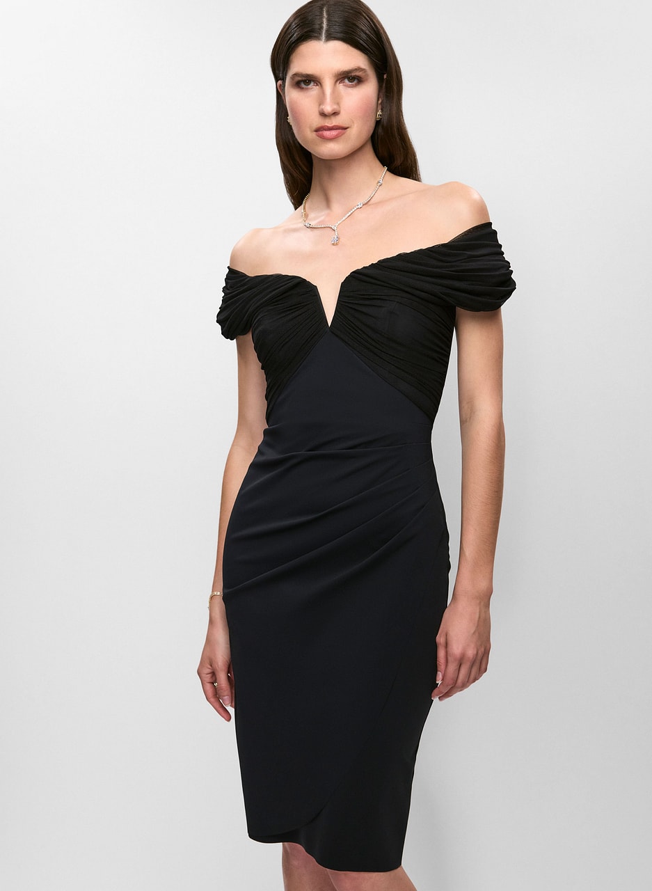 Betsy & Adam - Mesh Insert Off-the-Shoulder Dress