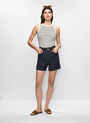 Striped Rib-Knit Tank Top & High Waist Denim Shorts
