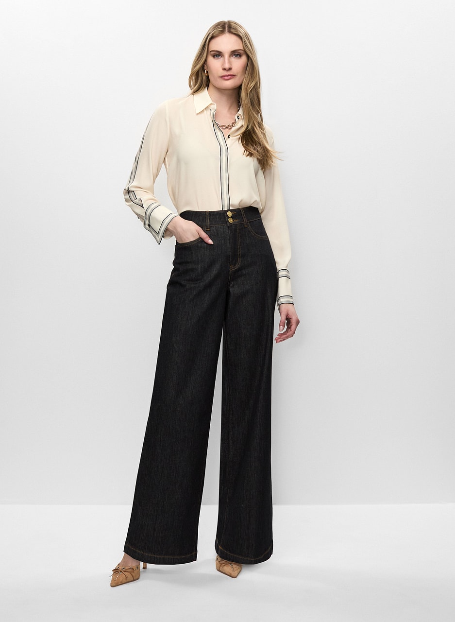 Contrast Trim Blouse & Wide Leg Jeans