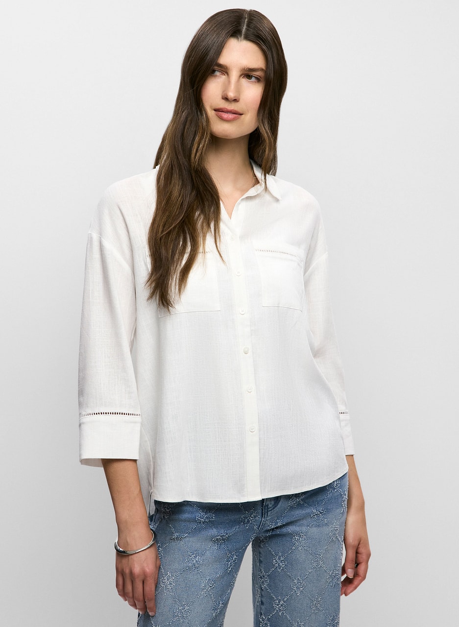 Linen-Blend Openwork Detail Blouse