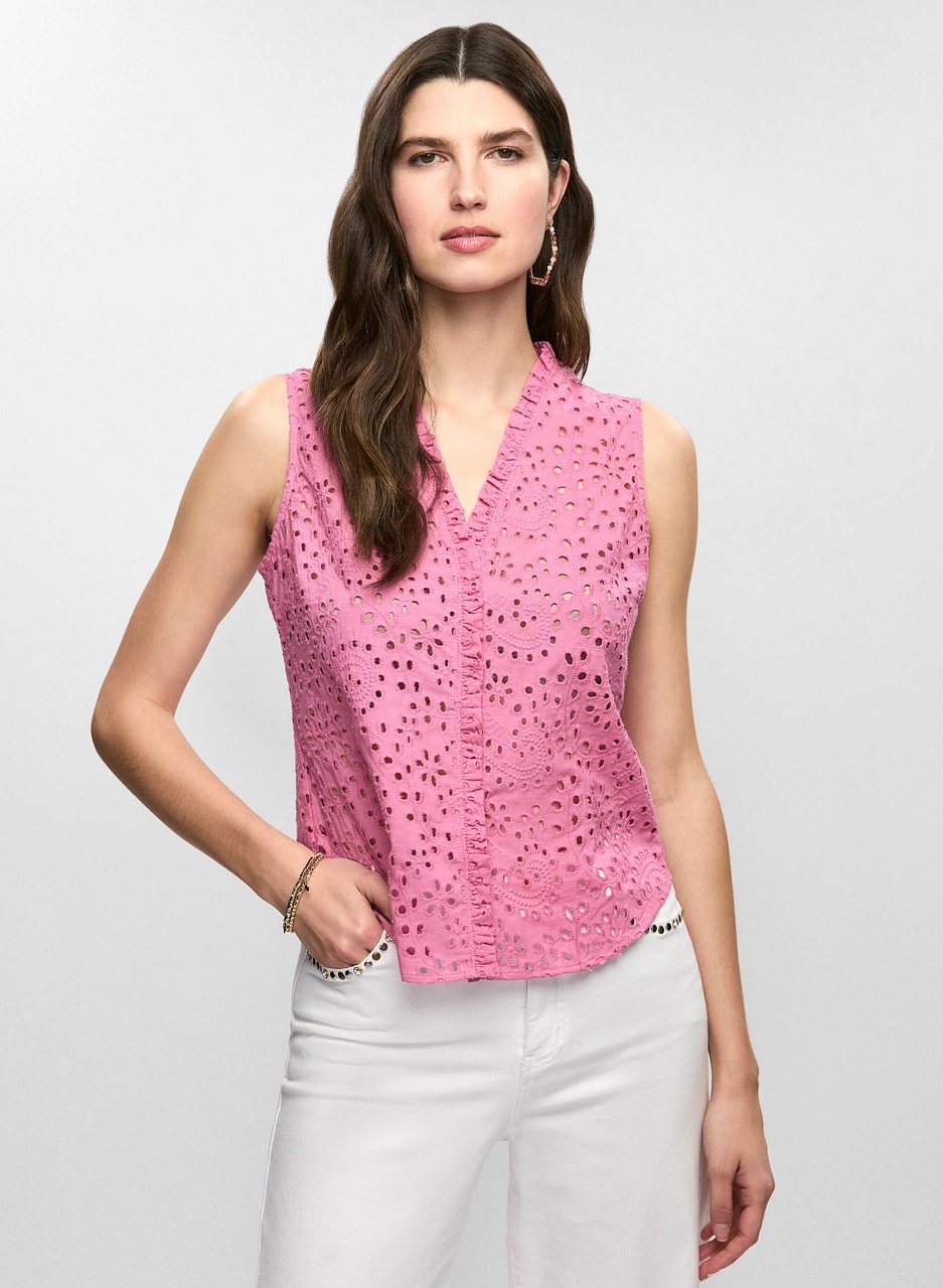 Frilled Sleeveless Eyelet Blouse