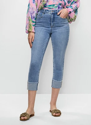 Sequin-Cuffed Capri Jeans