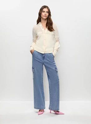 Pointelle Knit Polo Cardigan & Wide Leg Cargo Jeans