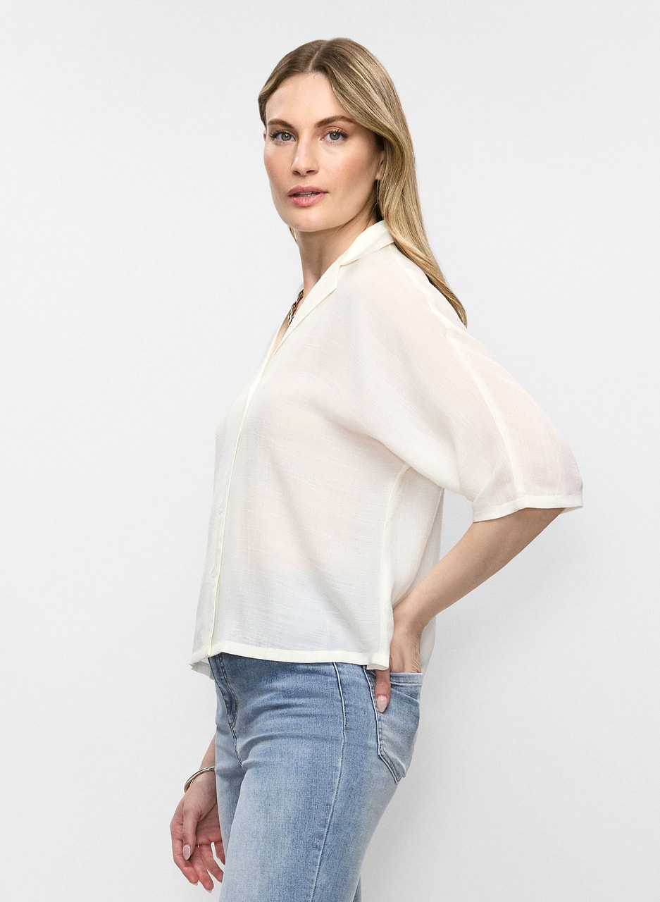 Notch Collar Elbow Sleeve Blouse