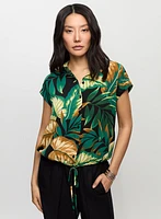 Palm Print Drawstring Hem Blouse