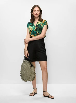 Palm Print Drawstring Hem Blouse & Linen Blend High Rise Shorts