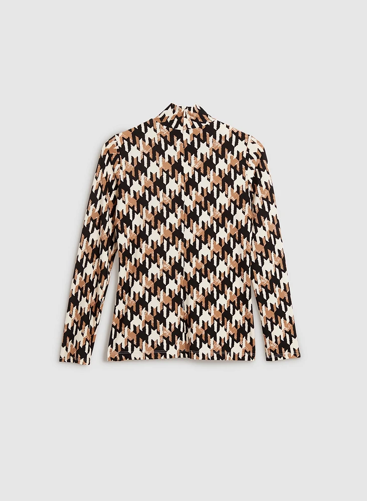 Houndstooth Print Mock Neck Top