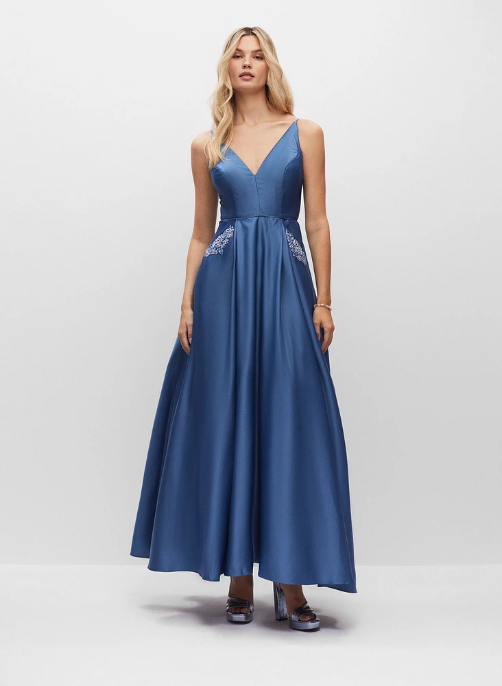 Appliqué Pocket Satin Ball Gown