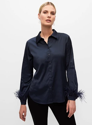 Feather Trim Satin Blouse