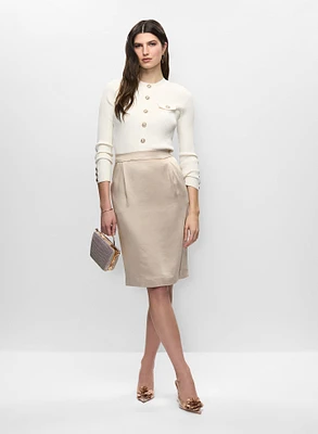 Button Detail Sweater & Satin Pencil Skirt