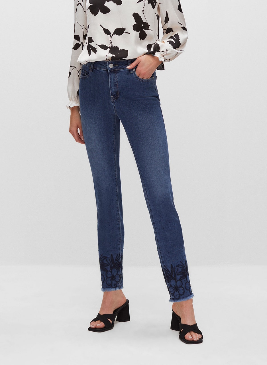 Embroidered Hem Slim Leg Jeans