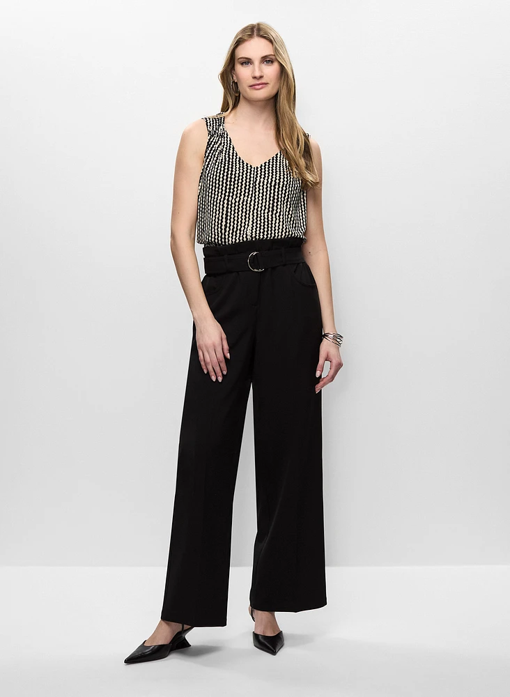 Geometric Print Top & Belted Wide Leg Pants