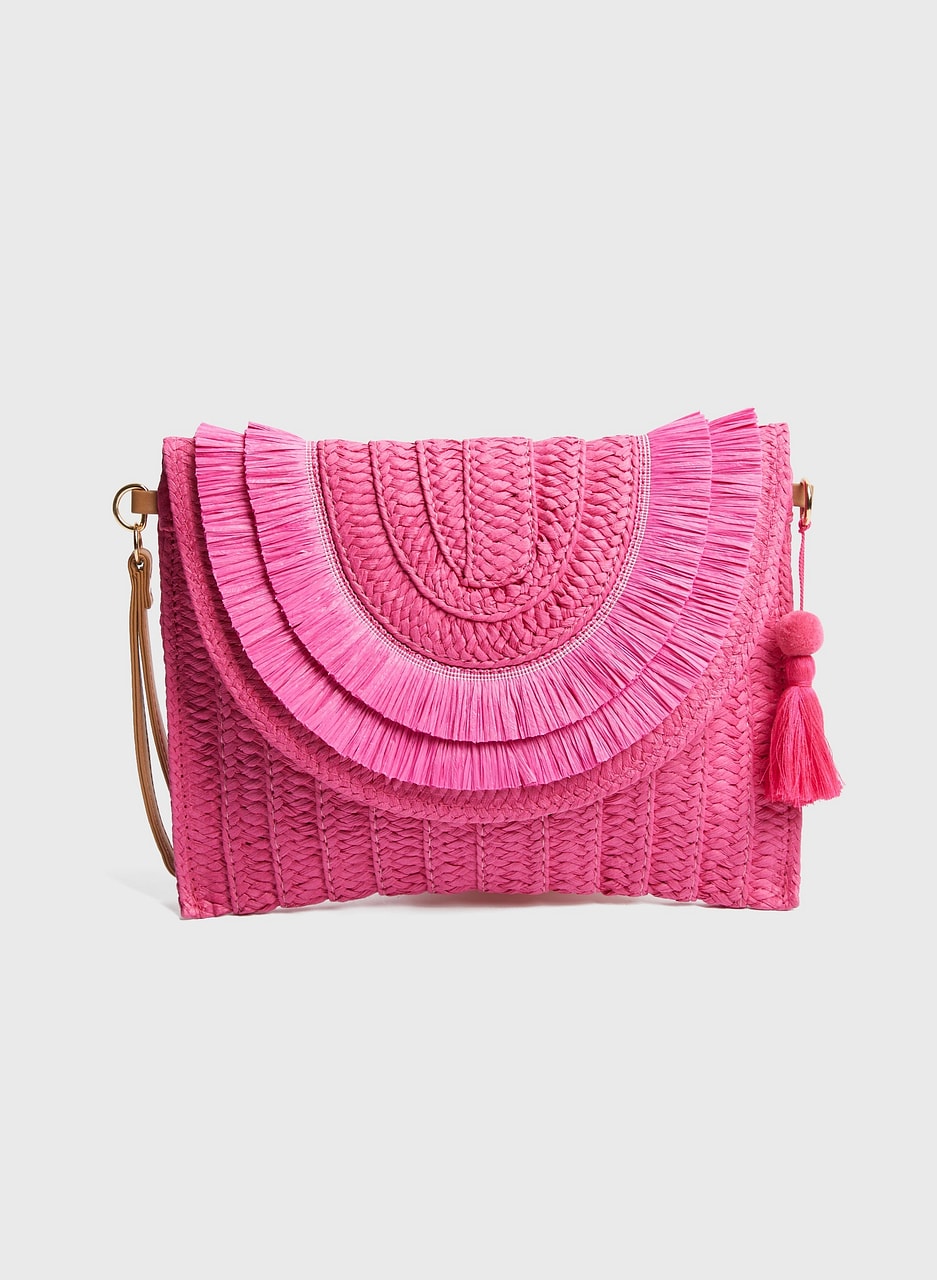 Raffia Fringe Paper Straw Clutch