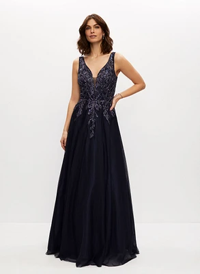 Beaded Bodice V-Neck Gown