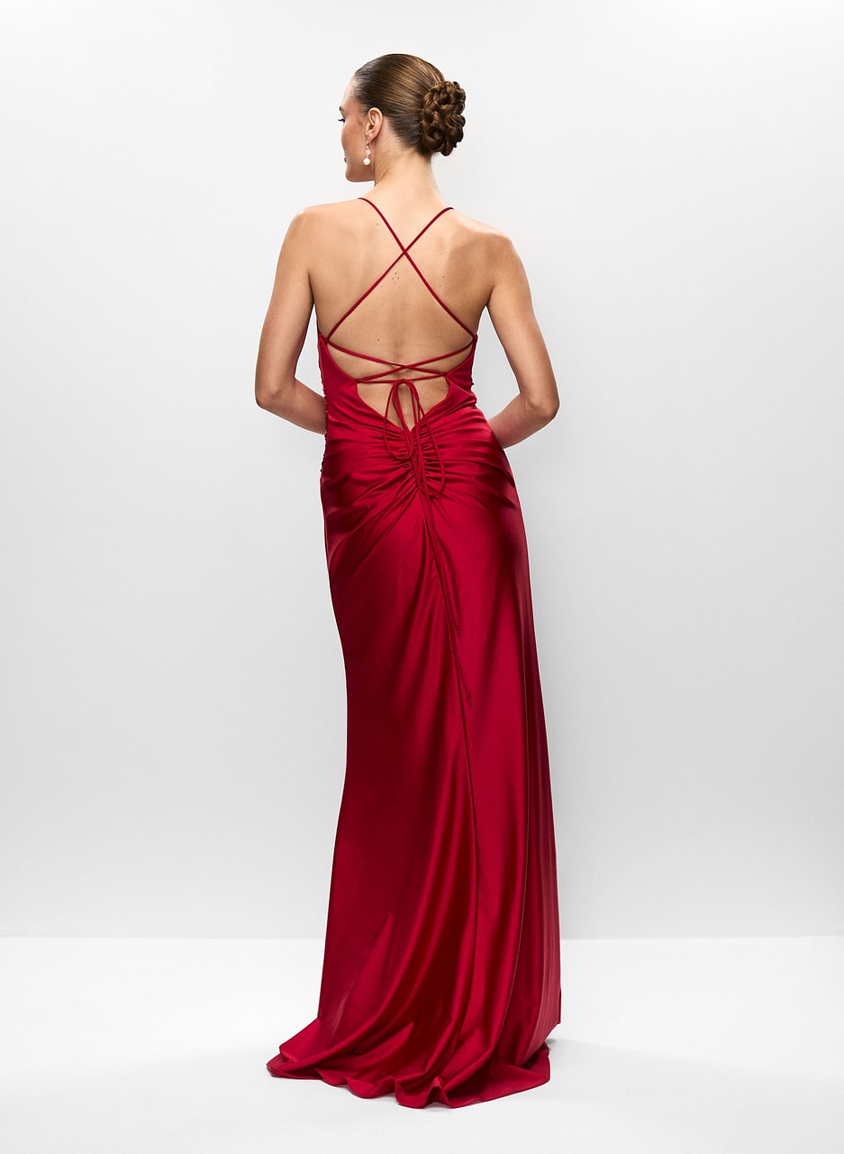 Ruched V-Neck High Slit Gown